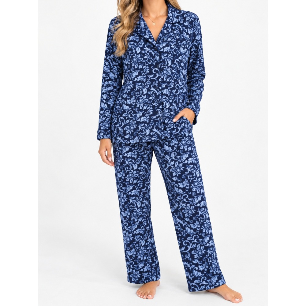 Croft & Barrow Blue Pajama Set Damask Floral Soft Plush PJs Large Loungewear
